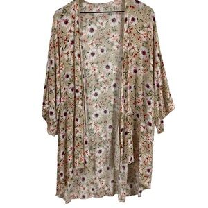 Emory Park Womens Kimono Size Large Tan Floral Print Open Front Gauze Fabric